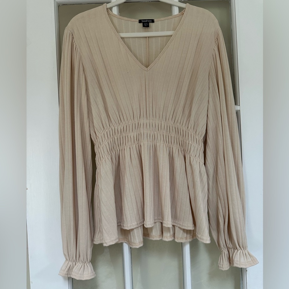 Boohoo Tan Smocked Peplum Blouse (Size 14)